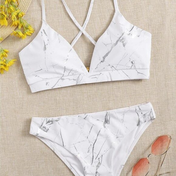 Shein Marble‎ Print Cross Back Bikini  Size L White - Picture 1 of 13